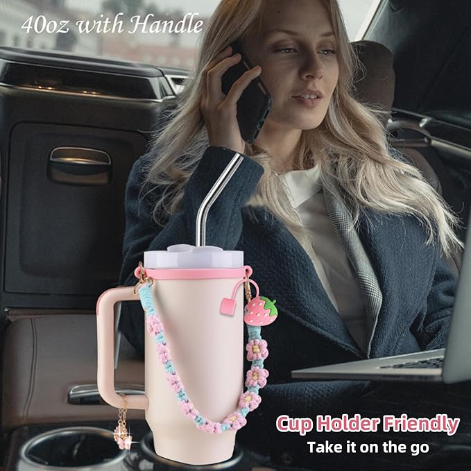 40 oz Tumbler Insulated Mug w/Straw & Flip Cap Lids - Cup Holder Bottle with 6 Accessories Set for Hot, Cold Drink - Leak-Proof - Water, Coffee Portable Travel Mug (Pink Gold) - Bloomnest