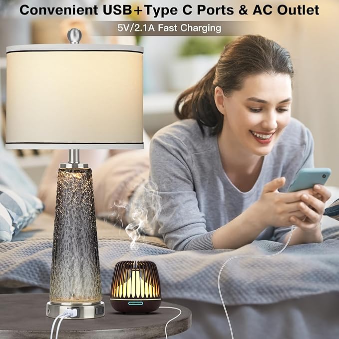 Glass Table Lamp Set of 2, 26" Modern Table Lamps with USB A+C Ports & AC Outlet, Touch Control Bedside Nightstand Lamp with LED Night Light for Living Room Bedroom Home Decor Black(4 Bulbs Included) - Bloomnest