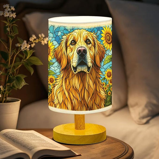 Golden Retriever Table Lamp LED 3-Color Pressed Bedside, Dog Shade Lamp with Wood Base for Bedroom Living Room Desk Office - Bloomnest