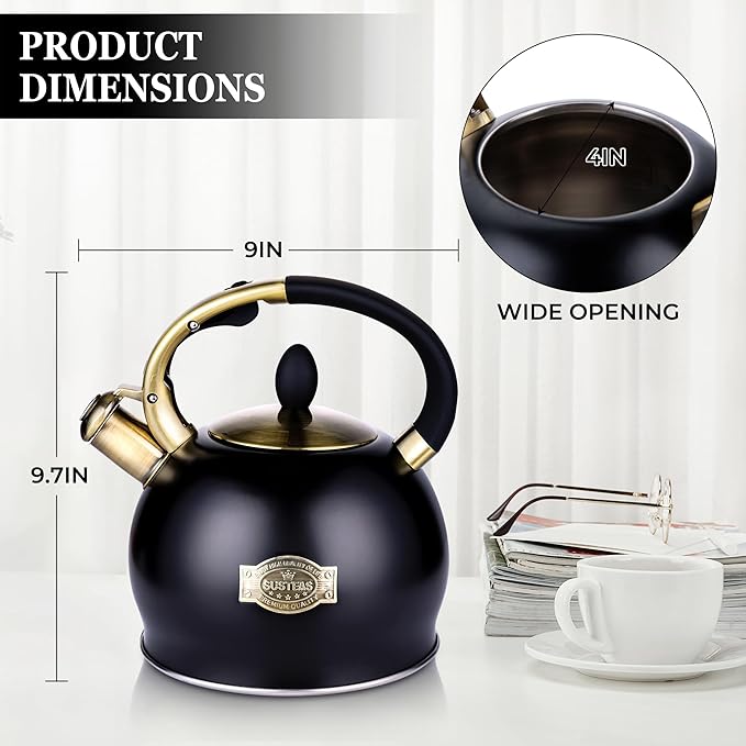 SUSTEAS Stove Top Whistling Tea Kettle - Food Grade Stainless Steel Teakettle Teapot with Cool Touch Ergonomic Handle, With 1 Silicone Pinch Mitt Included, 2.64 Quart(BLACK) - Bloomnest