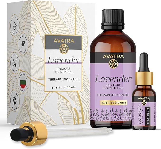 Avatra Lavender Essential Oil 100ML (3.38 OZ) with Glass Dropper and Travel Bottle, Pure and Natural Therapeutic Grade Lavender Oil for Diffuser, Aromatherapy, Massage, and DIY Candle Products - Bloomnest