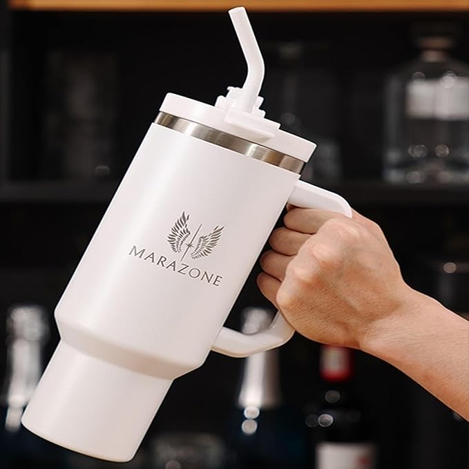 40 oz Insulated Tumbler with Handle and Straw - Stainless Steel Double Wall Vacuum Cup, Car Cup Holder Compatible Hot Cold Travel Mug, BPA Free Reusable Water Bottle for Women Men, Pure white - Bloomnest