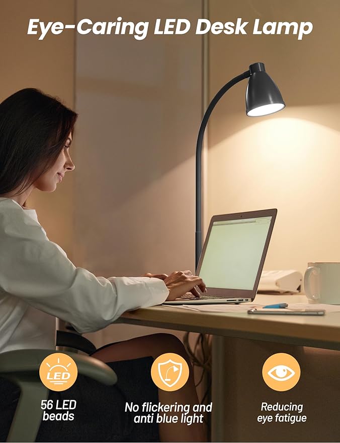 BOHON LED Desk Lamp with USB Charging Port 3 Color Modes Dimmable Reading Light Intelligent Induction Auto Dimming Task Lamp Flexible Gooseneck Table Lamp for Bedside Office, AC Adapter Include - Bloomnest