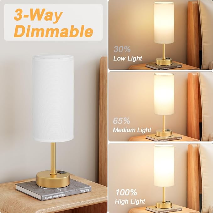 Elegant Gold Touch Table Lamp, Modern Wedding Gift for Couples, Bedside Lamps with USB-C USB-A Charging Ports, 3 Way Dimmable Small Lamp for Office, Living Room, Bathroom - Bloomnest