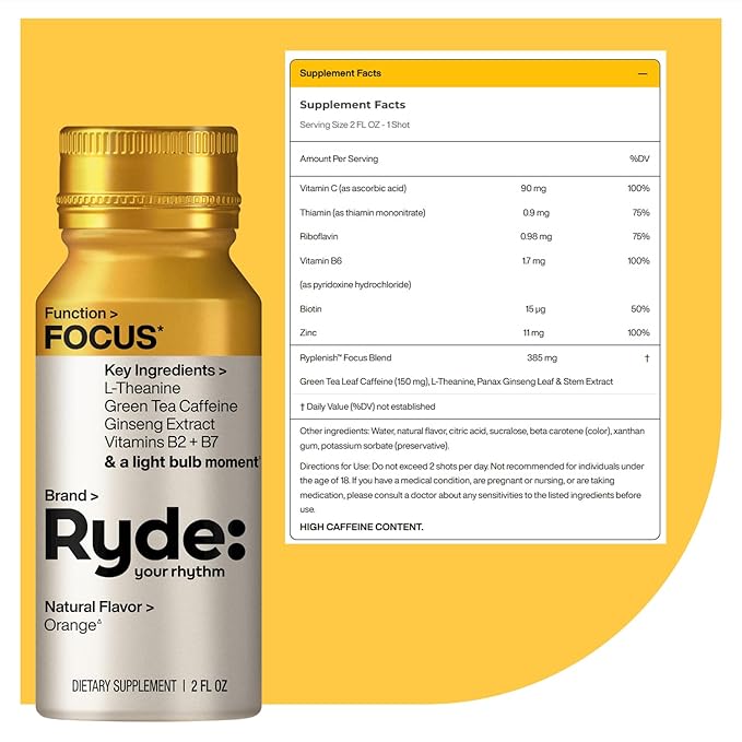 Ryde: Focus Shot | Orange Flavor | L-Theanine & Ginseng | Green Tea Caffeine | Vitamins B2 & B7 | 0 Calories, 0 Sugar | 2 FL OZ Shots | Supports Focus* (8 Pack) - Bloomnest