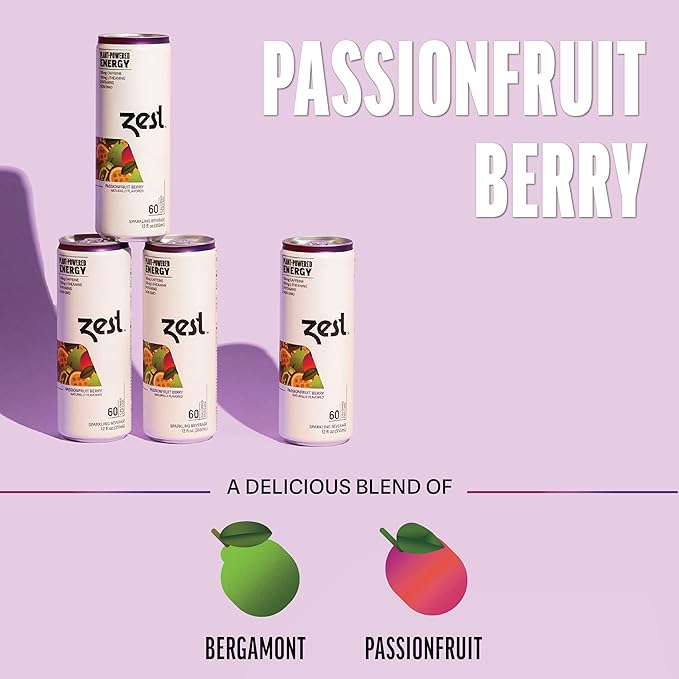 Zest Clean Energy Drink – Passionfruit Berry – 150mg Caffeine + 100mg L-Theanine – Natural Focus & Concentration Boost – Healthy Energy Drink 12oz Can 12 Pack – Low Sugar, No Artificial Sweeteners - Bloomnest