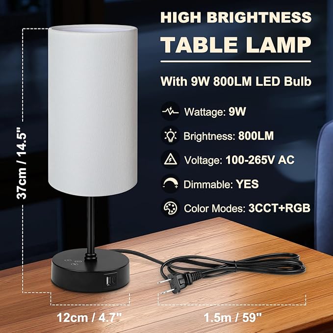Unicozin Small Table Lamp, 3 CCT 3000K/4500K/6500K & RGB Color Changing, Stepless Dimmable Bedside Lamp for Reading, Touch Control Ambience Nightstand Light for Home Decor Party, Cream Shade - Bloomnest