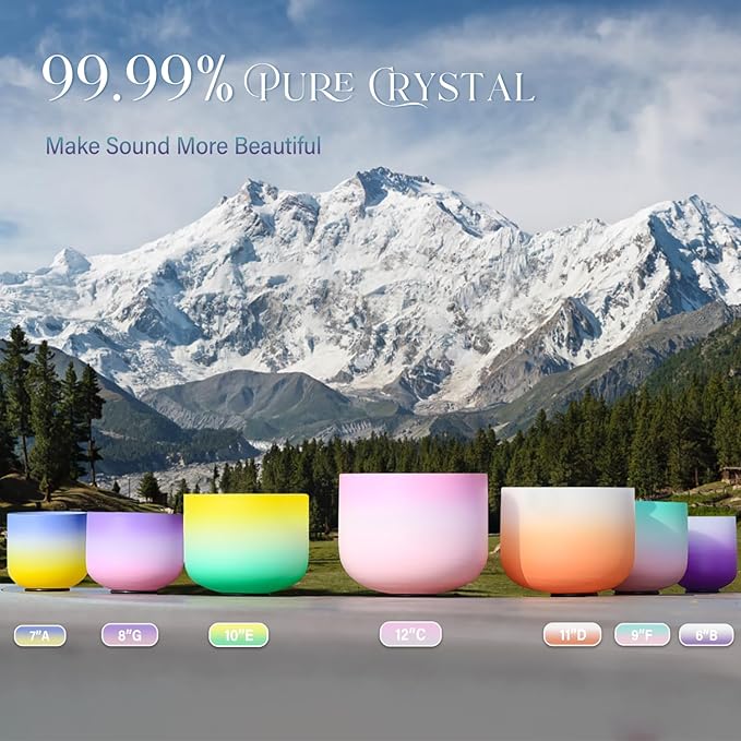 440HZ 6"-12" Set of 7 PCS Frosted Quartz Color Crystal Singing Bowl Set Sound Healing with Sound Bowl Mallet Suede Stick Heavy Duty Carry Cases - Bloomnest