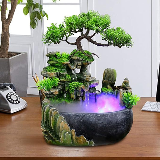 Tabletop Fountain Waterfall Fountain Indoor Humidifier with Rockery,Waterfall,Plant,Lamp Desk Fountain Desk Decorations for Office Home Bedroom US Stock
