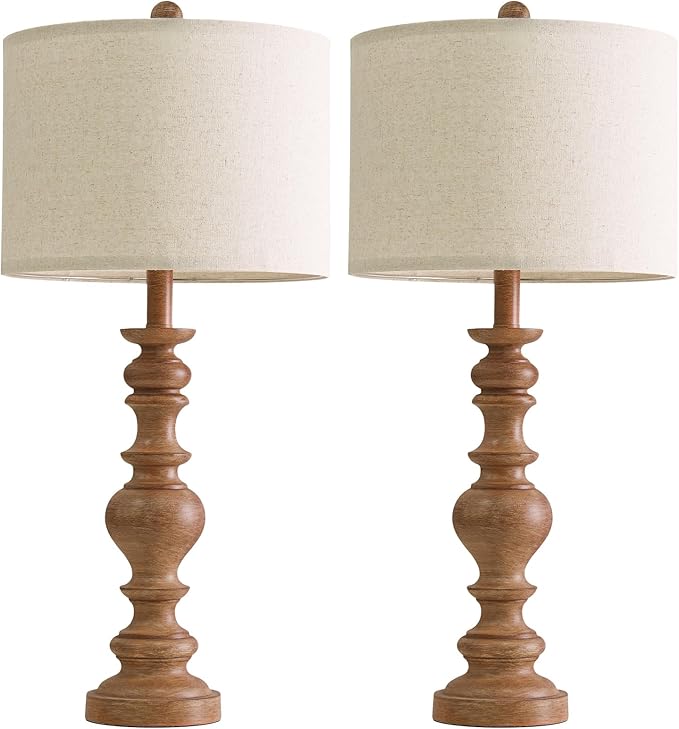 BOBOMOMO 27" Light Brown Table Lamps Set of 2, Large Farmhouse Resin Lamps with Linen Shades, Rustic Vintage Lamps for Living Room, Bedroom, Console Table or Entryway Home Lighting - Bloomnest