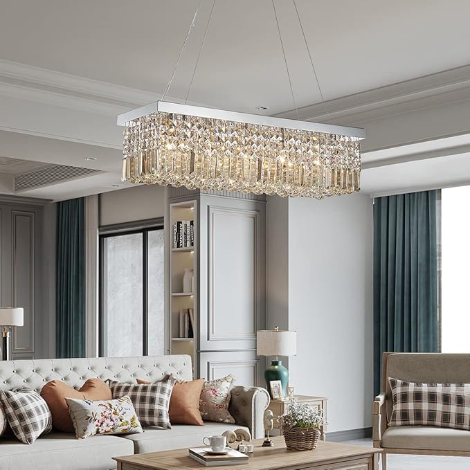 Saint Mossi 5-Lights Modern K9 Crystal Chandelier, Crystal Pendant Light Fixture, H9 x W10 x L31, Chain Adjustable Max 59“, Champagne Crystal & Chrome Finish - Bloomnest