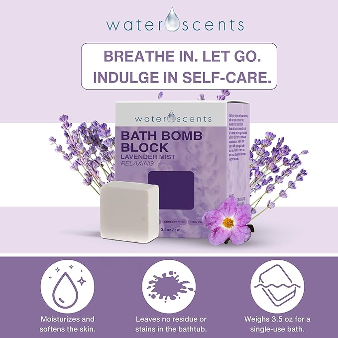 Water Scents Lavender Mist Bath Bomb Block | Vegan, Cruelty-Free & Natural | Lavender Aromatherapy Bath Bomb for Stress Relief & Moisturizing | Handmade Spa Gift for Women, 3.5 oz - Bloomnest