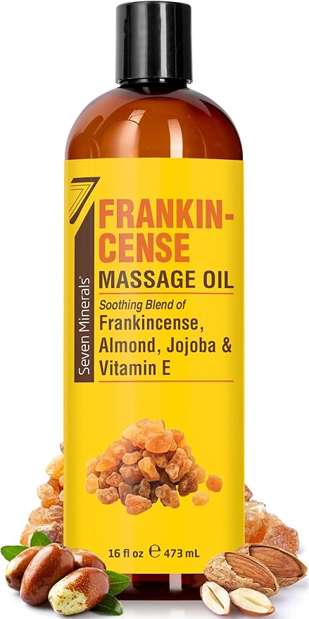 Seven Minerals Frankincense Massage Oil for Massage Therapy - Big 16 oz - Ideal for Professional or at-Home Body Massage. Soothing Natural Blend of Almond, Jojoba & Vitamin E