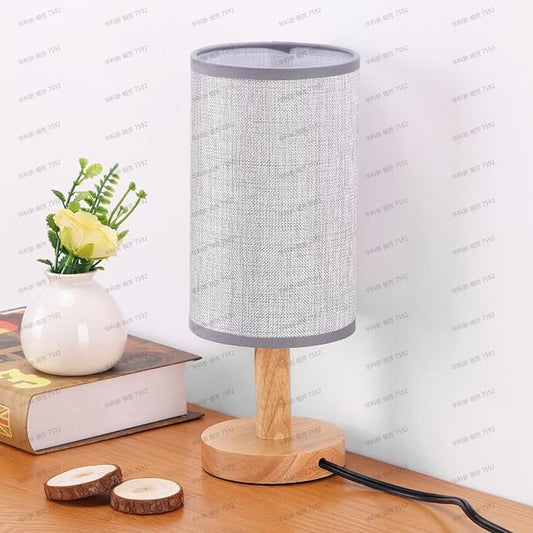 Gray Small Bedside Table Lamp for Bedroom,Natural Round Wood Base&Fabric Linen Shade,Cozy Night Table Light for Study Reading,Minimalist Boho Desk Lamp for Nightstand,Living Room,Nursery,Kitchen,Dorm - Bloomnest