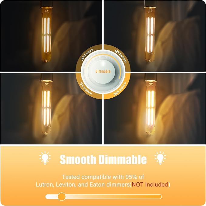 8.9IN LED Light Bulbs E26 Base, 6W 800LM 2700K Soft White T10 T9 Vintage Edison Bulbs Dimmable, AC 120V Equal 80 Watt Clear Glass Long Tubular Filament Bulb, UL Listed - 4Pack - Bloomnest