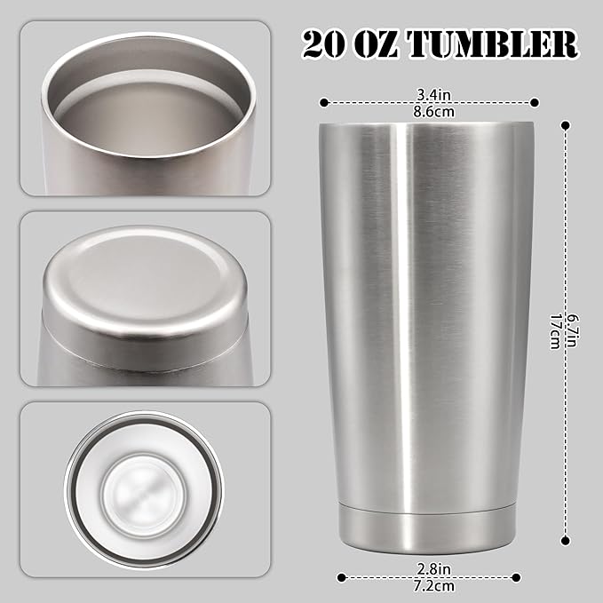 20 oz Tumbler with lid Double Wall Vacuum Insulated Tumblers Stainless Steel Coffee Mug Travel Coffee Tumbler Powder Coated Tumbler Cup Keep Hot&Cold - (Stainless 6 Pack)