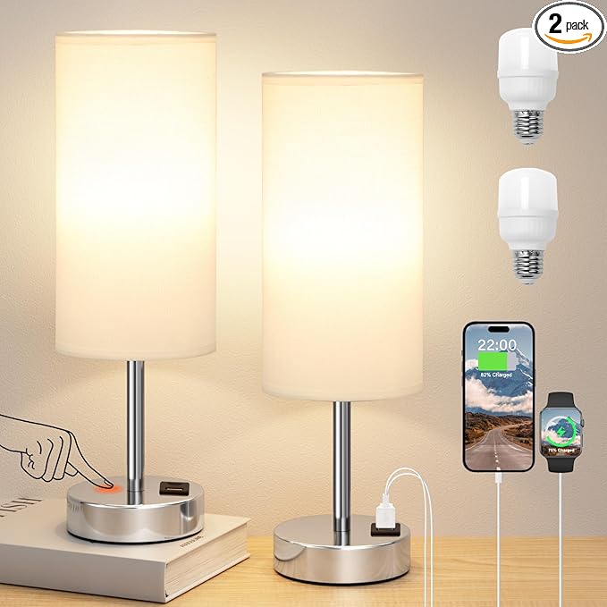 Bedside Table Lamps for Bedroom Set of 2 - Touch Lamp for Nightstand with USB-A+C Charging Ports - 3 Way Dimmable Small Desk Lamp White for Office, Dorm Room, Living Room, Reading, Nursery - Bloomnest