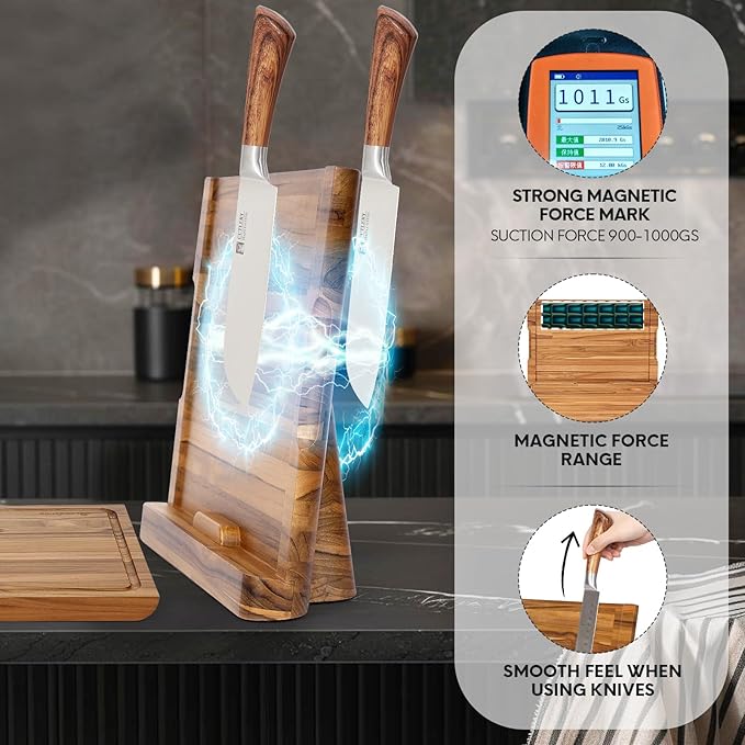2 - in - 1 Magnetic Knife Block Holder with 16"x11" Teak Cutting Board, Crafted from Premium Natural Teak Wood,Juice Grooves, Kitchen Organizer for Home Chefs - Bloomnest