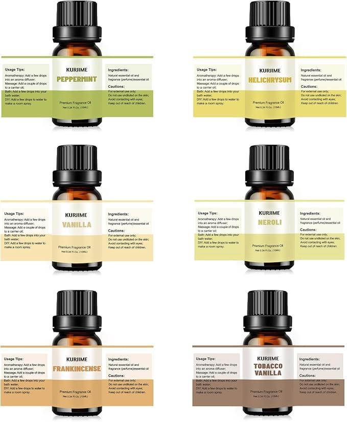 Essential Oil Set, Earthy Scents Fragrance Oil Essential Oils for Diffuser Oil Scents | Peppermint, Frankincense, Vanilla, Helichrysum, Neroli, Tobacco Vanilla Scented Oils, 6x10ml - Bloomnest