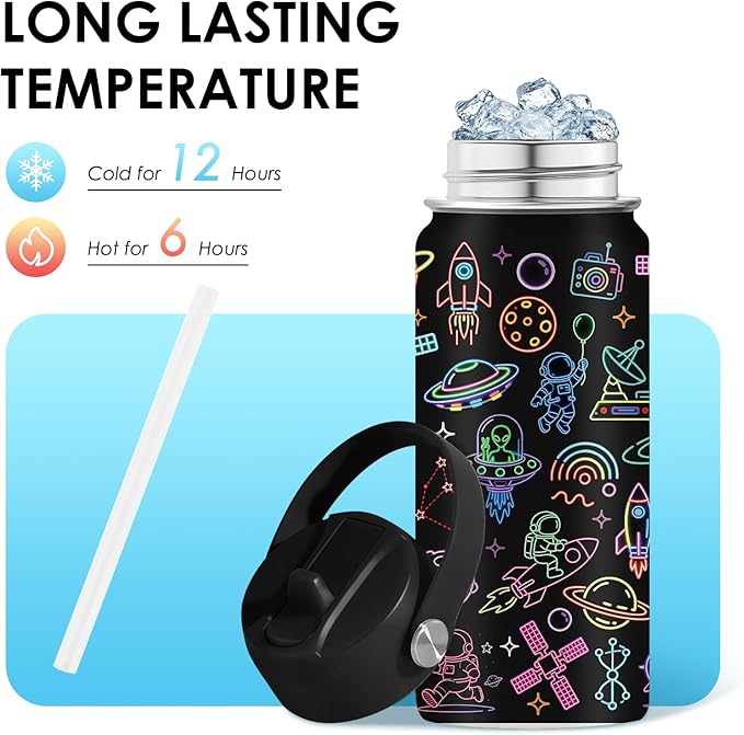 Space Gifts for Kids - 16oz Insulated Water Bottle with Straw Lid, Stainless Steel Leakproof Tumbler, Leak Proof, BPA-Free, for Boys Daily Use, Travel - Space Lovers Children Birthday Gift Cup (1pc) - Bloomnest
