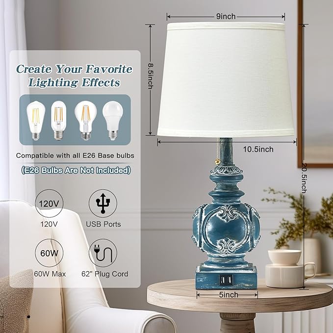 20.75" Farmhouse Table Lamps for Bedroom Set of 2, Rustic Bedside Lamps with 2 USB Port, Retro side table lamp Antique Nightstand Lamp for Living Room End Table Office Country, Traditional Washed Blue - Bloomnest