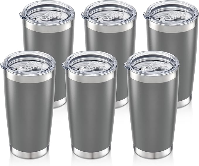 20 oz Tumbler Bulk with Lid Stainless Steel Insulated Tumblers Double Wall Vacuum Coffee Mug Powder Coated Tumbler Cups for Cold and Hot Drinks, Grey, 6 pack