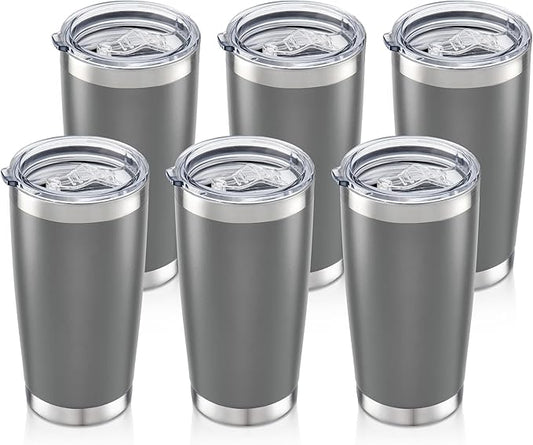 20 oz Tumbler Bulk with Lid Stainless Steel Insulated Tumblers Double Wall Vacuum Coffee Mug Powder Coated Tumbler Cups for Cold and Hot Drinks, Grey, 6 pack