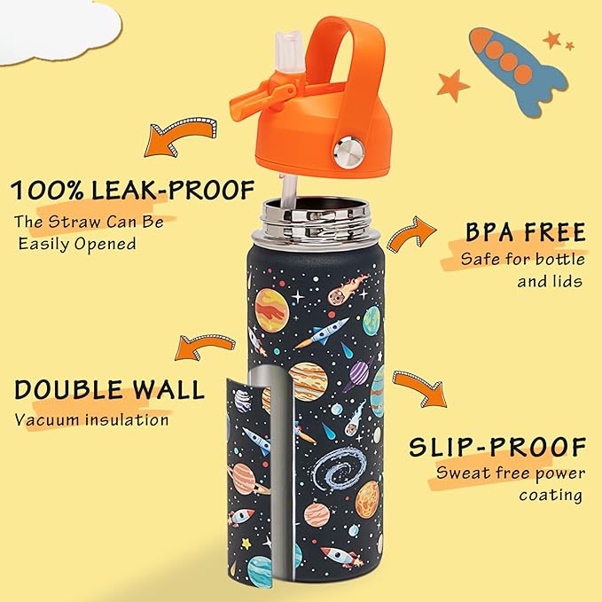 18oz Kids Insulated Water Bottle with Straw Lid - 18/8 Stainless Steel Kid Cup BPA-FREE Travel Tumbler Double Wall Vacuum Leak Proof Portable Toddler Water Bottle (Space) - Bloomnest