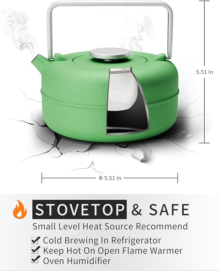 Toptier Teapot with Removable Infuser, Cast Iron Tea Kettle Stovetop Safe, Solid Geometry Cylinder Design Tea Pot Coated with Enameled Interior for 27 Ounce (800 ml), Emerald Green - Bloomnest
