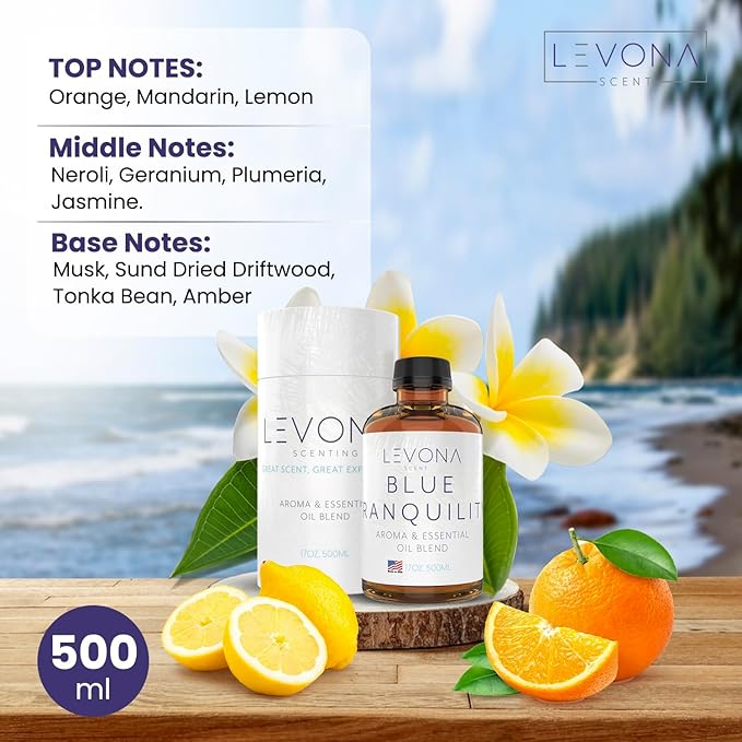 Levona Scent Pure Essential Oils: Blue Tranquility Aromatherapy Oils - Home Luxury Scents for Diffusers For Home, Hotel & Office - Scented Fragrance Oil Blends - Essential oil for Humidifiers - 500 Ml LEVONASCENT