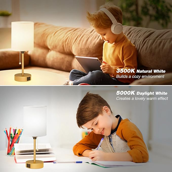 Dicoool Small Bedside Lamps 3 Color Modes - 3000K 4000K 5000K Bedroom Lamps with USB C and A Ports, Pull Chain Gold Table Lamps with AC Outlet, Nightstand Lamps with Gold Metal Base for Kids Reading - Bloomnest