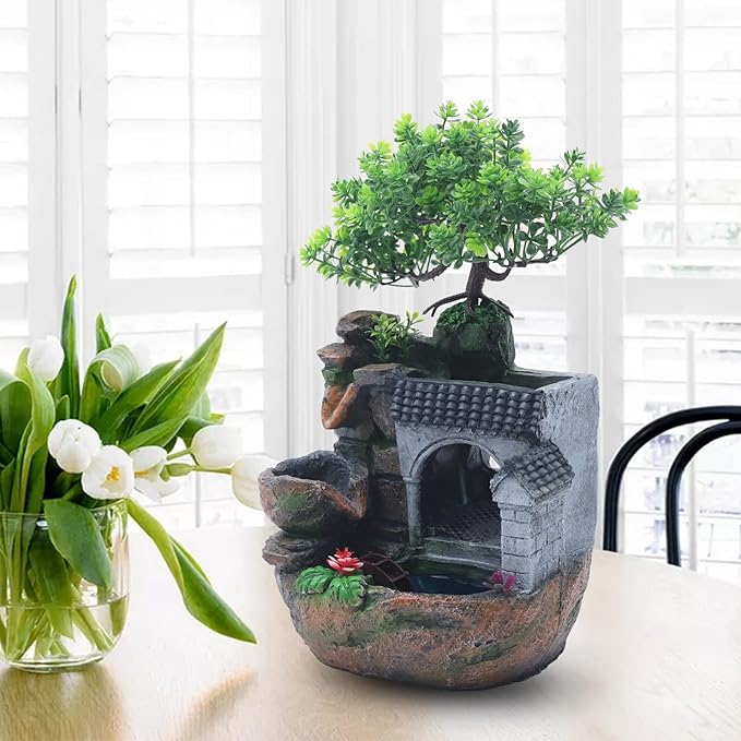 Tabletop Fountains,Indoor Relaxation Desktop Fountain Waterfall,Atomizing Humidifier Automatic Pump,Desktop Fountain Waterfall with Rockery,Plant,Illuminated Waterfall for Home Office Décoration - Bloomnest