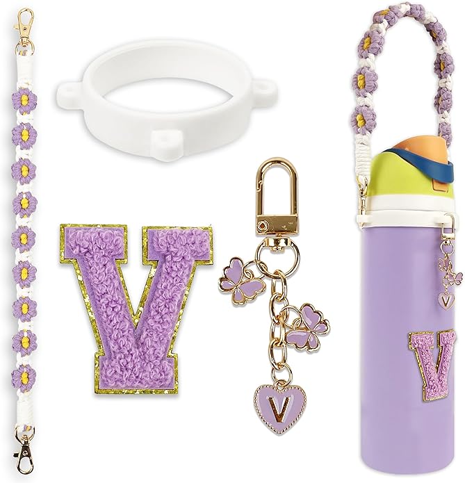 Compatible with Owala Water Bottle Accessories, Cute Letter Charm Set with Boho Handle Strap, Monogram Sticker, Silicone Ring, Keychain Decoration, for FreeSip 24 32 40oz, Owala Kids, Tumbler Gift SITKOL
