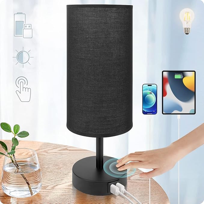 Yarra-Decor Bedside Lamp with USB Port - Touch Control Table Lamp for Bedroom 3 Way Dimmable Nightstand Lamp with Round Black Fabric Shade for Living Room, Dorm, Home Office (LED Bulb Included) - Bloomnest