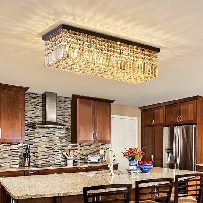Saint Mossi 22010 5-Lights Modern K9 Crystal Chandelier, Island Design, Flush Mount Ceiling Light, H9 x W10 x L31, Clear Crystal & Pearl Black Finish - Bloomnest