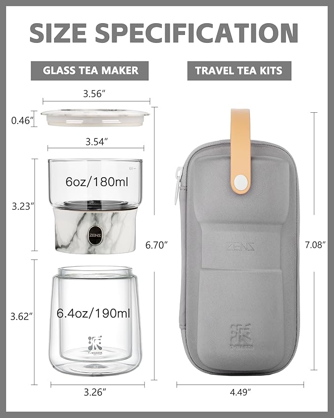 ZENS Modern Small Glass Infuser Teapot, Magic One Touch Drip Tea Pot Infusers for Loose Tea Diffuser, Cool Herbal Teapot with 200ml insulated Cup and Portable Gray Tea Kits for Tea Lovers Gifts - Bloomnest