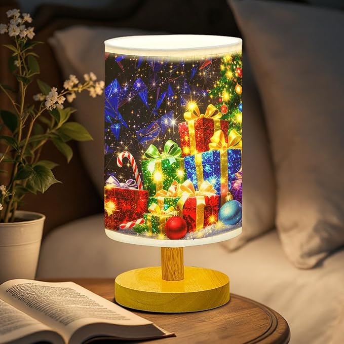 Christmas Tree Table Lamp LED 3-Color Pressed Bedside for Merry Christmas, Christmas Tree Shade Christmas Table Lamp with Wood Base for Bedroom Living Room Desk Office - Bloomnest