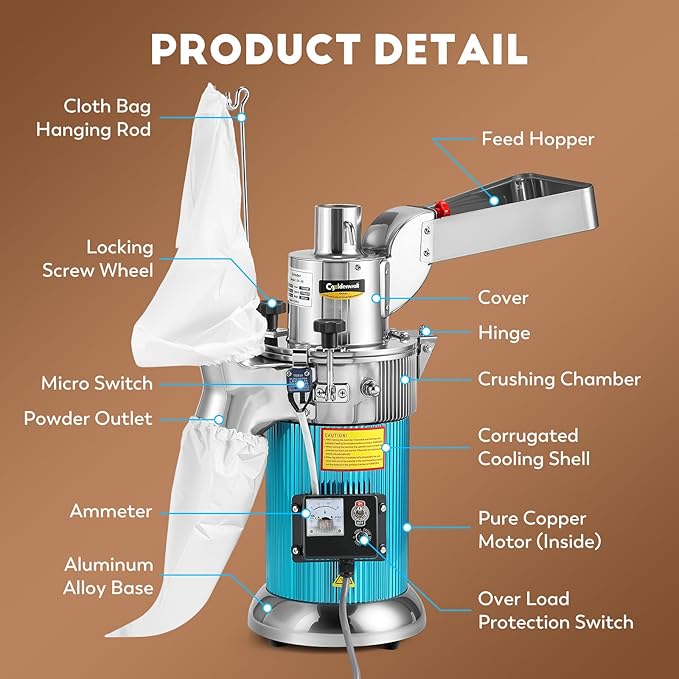 CGOLDENWALL DF-20 Hammer Mill Grinder Commercial Electric Herb Grinder Mill Industrial Automatic Continuous Spice Hammer Grain Mill Pulverizer Capacity 44 Pounds Per Hour 110V Rotate Speed 2840r/min - Bloomnest