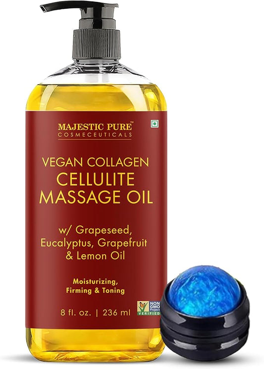 MAJESTIC PURE Massage Oil for Massage Therapy - Refreshing, and Relaxing - Natural Oils - for All Skin Types - Men and Women (8 Fl Oz, Cellulite Massage Oil with Roller) - Bloomnest
