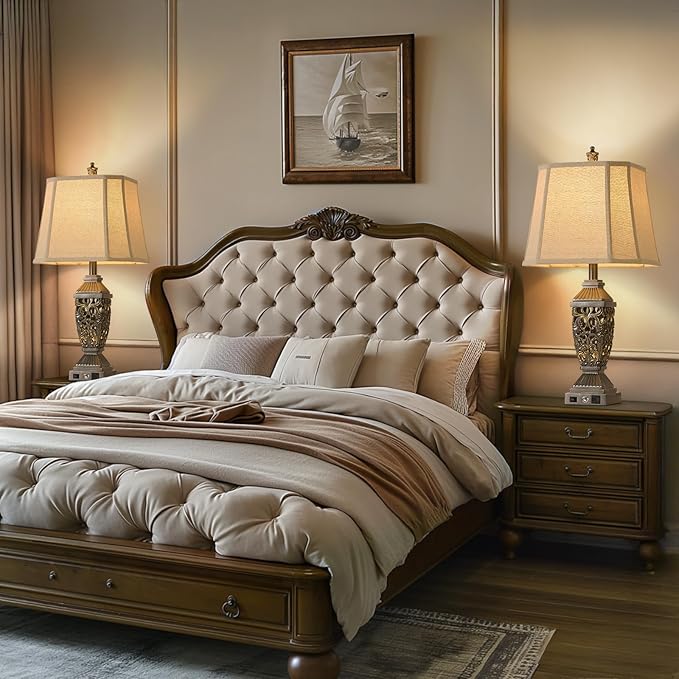 AIDENOEY 27.5“ Farmhouses Table Lamp with USB & USB-C Charging Ports, 3-Color Dimmable & Stepless Bottom Dimming, Touch Control & Switch, Vintage Bedside Lamp for Bedroom Living Room Office,(Brown)