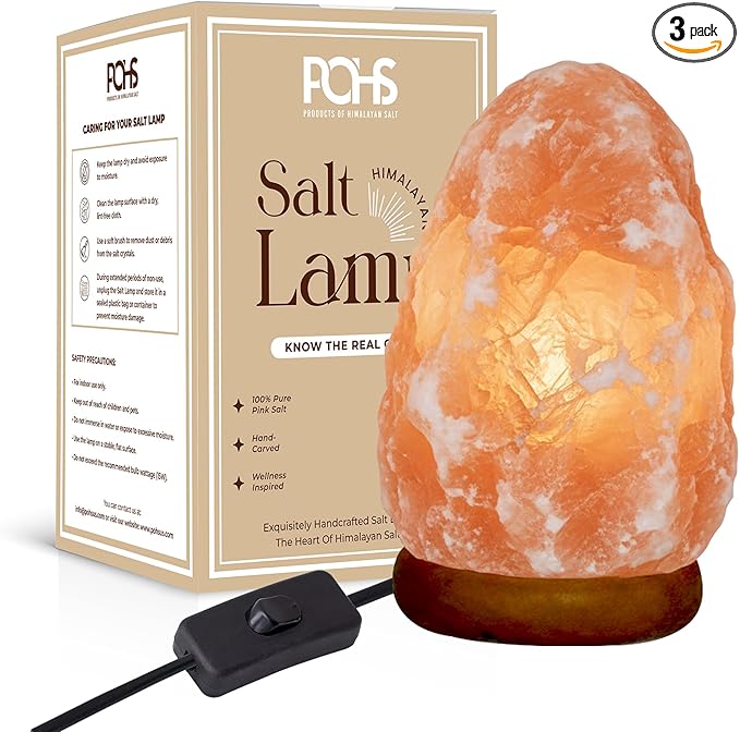 POHS 7 Inches,4-5 lbs, 100% Authentic Natural Himalayan Pink Salt Lamp, Hand Crafted Wooden Base, with on & Off Switch