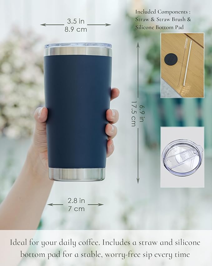 Travel Coffee Tumbler 20oz, 1 Pack Leakproof Travel Coffee Mug with Lid and Straw, Stainless Steel Double Wall Vacuum Insulated Tumbler for Hot/Iced Drinks (Textured Matte, Navy Blue) - Bloomnest