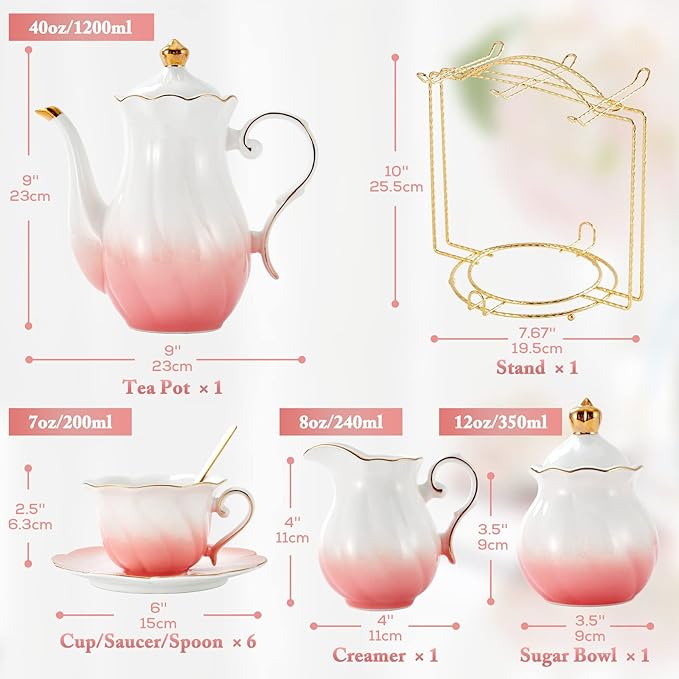 DUJUST 22 pcs Porcelain Tea Set for 6, Luxury British Style Tea/Coffee Cup Set with Golden Trim, Beautiful Tea Set for Women, Tea Party Set, Gift Package (With a Stand) - Gradient Pink - Bloomnest