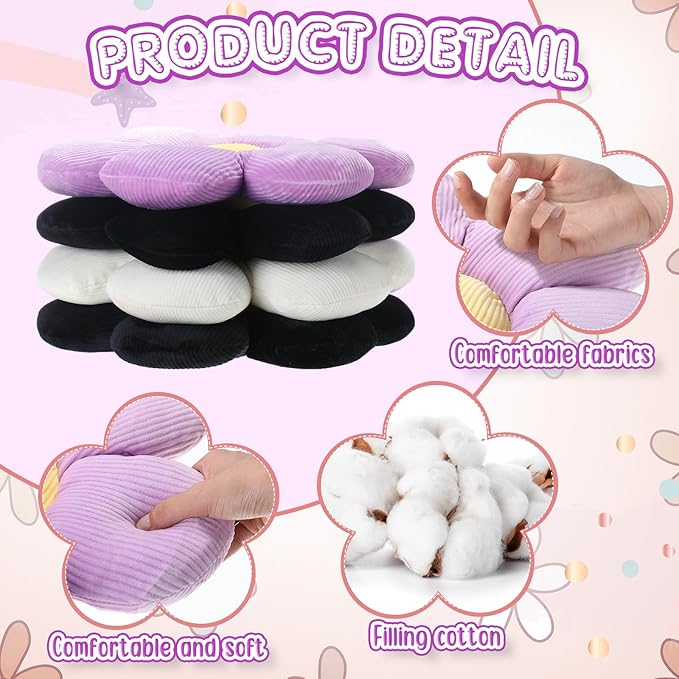 Reginary 4 Pcs Flower Floor Pillows Cute Plush Flower Throw Pillows Daisy Floor Seat Cushion Chair Pads for Christmas First Day of School for Sofa Couch Bed Decor(15 Inch,Black, White, Purple) - Bloomnest
