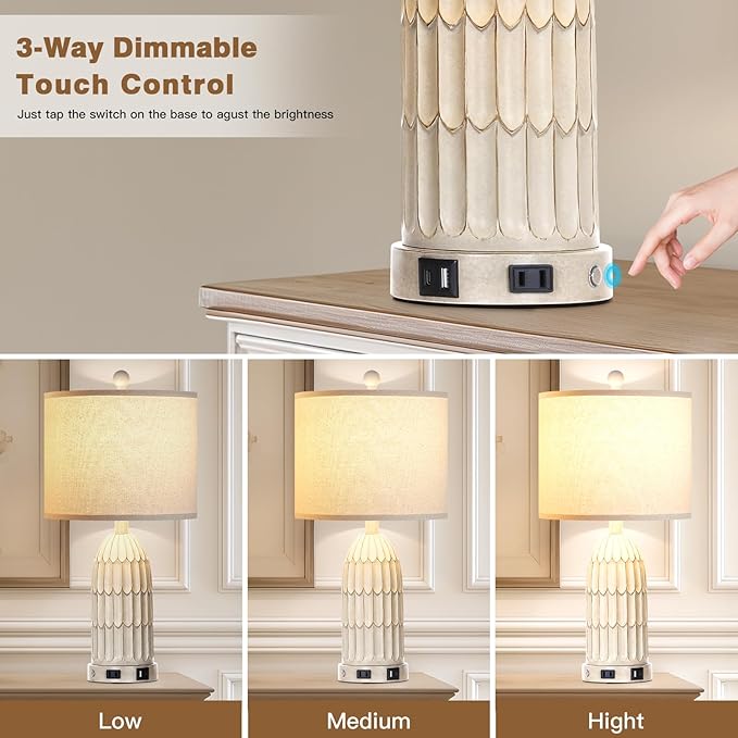 Farmhouse Table Lamps Set of 2, 3-Way Dimmable Touch Lamp for Bedroom Nightstand with USB A+C Ports & AC Outlet, White Vintage Boho Bedside Lamp for Living Room End Table (Bulbs Included) - Bloomnest