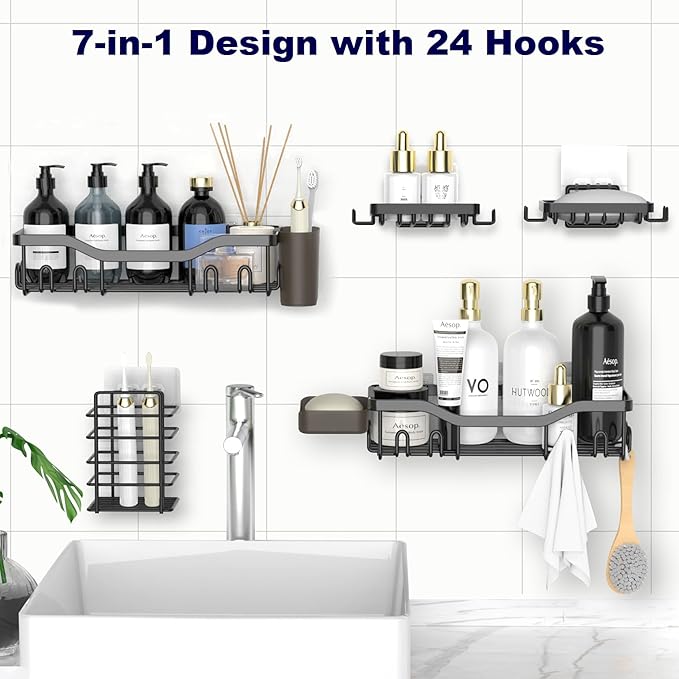 Shower Caddy Adhesive Shower Organizer 7-Pack, Rustproof Stainless Steel Bathroom Shelves, Large Capacity No-Drill Rack Storage Accessories with Soap Dish Toothbrush Holder &24 Hooks Home Decor - Bloomnest