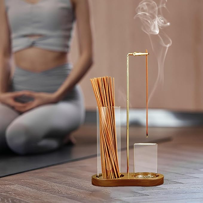 2 in 1 Incense Holder for Sticks, Anti-Ash Flying Incense Burne with Glass Ash Catcher and Incense Sticks Organizer for Meditation Yoga Spa Home Decor (Dark Base) - Bloomnest