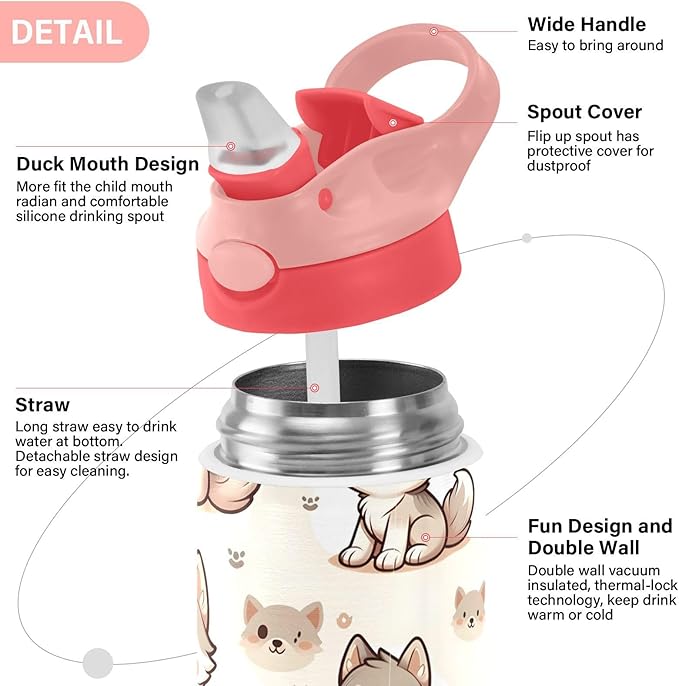 Cute Wolf Dog Kids Insulated Water Bottle, Toddlers Tumbler Travel Cup with Straw & Handle Stainless Steel Cup for Travel School Girls 12 oz - Bloomnest