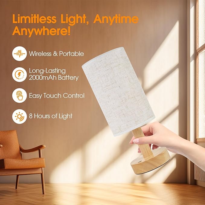 Rechargeable Cordless Table Lamp,Touch Control&Stepless Dimming,Wireless Bedside Ambient Night Light with Wood Base&Linen Shade,Portable Battery Lamp for Bedroom,Nightstand,Nursery,Camping,Outdoor - Bloomnest