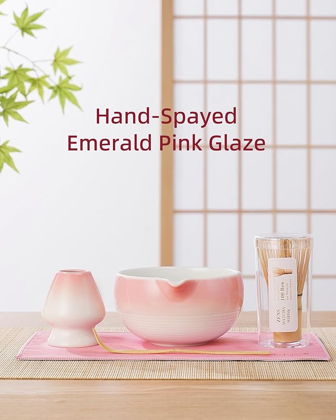 ZENS Pink Matcha Set, 6pcs Matcha Kit Includes Ceramic Bowl, Handcrafted Bamboo Whisk and Chasen Holder, Scoop, 304 Sifter & Tea Mat, Matcha Whisk Set Gift for Matcha Lovers - Bloomnest